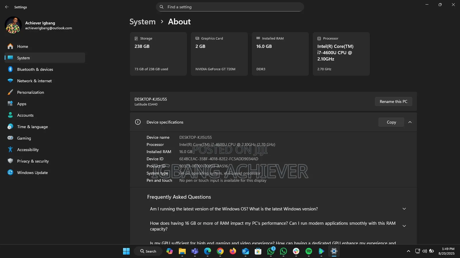 Laptop Dell Latitude E5440 16GB Intel Core i7 SSD 256GB