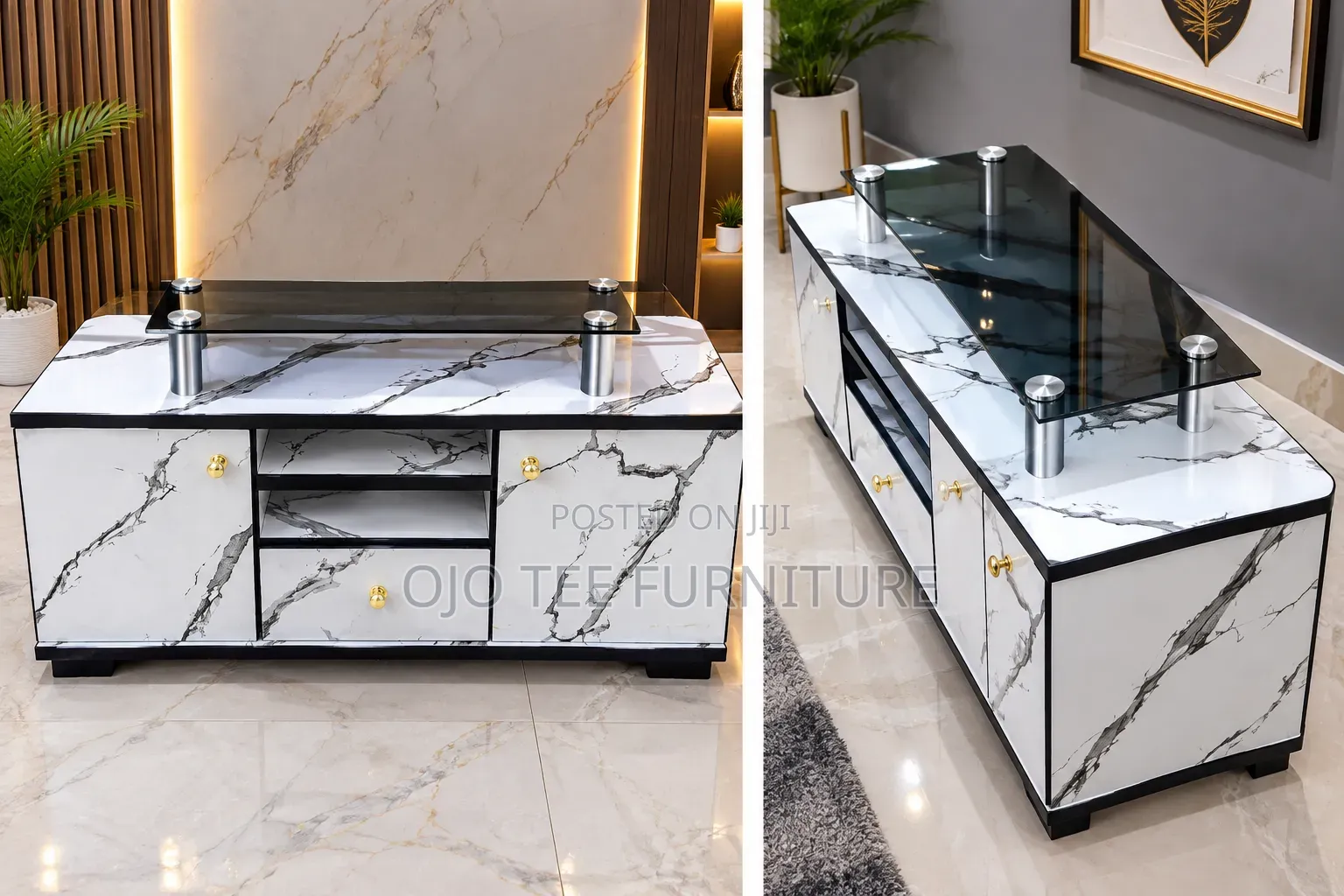 Luxury Marble TV Console With Glass Shelf