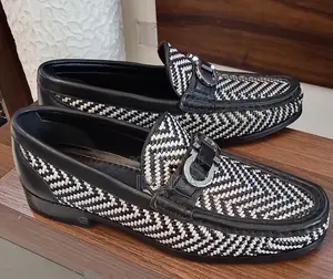 Men's Black and White Woven Leather Shoe