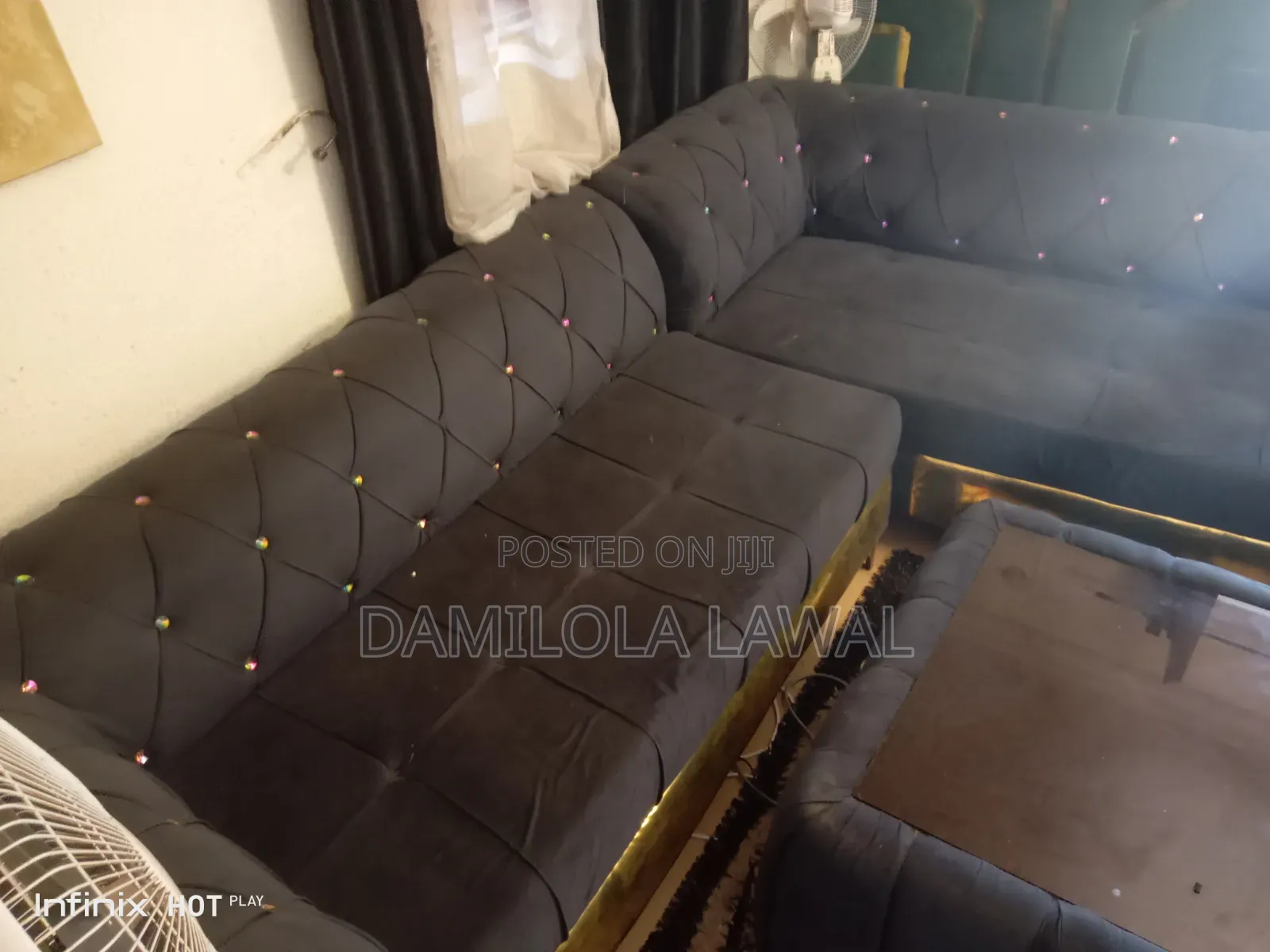 Solid Comfy Channel-Tufted L Shaped Sofa Set + Center Table for Sale
