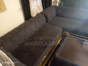 Solid Comfy Channel-Tufted L Shaped Sofa Set + Center Table for Sale