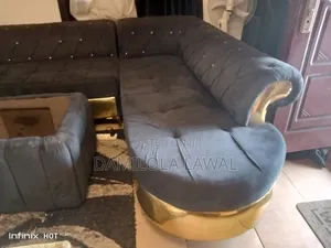 Solid Comfy Channel-Tufted L Shaped Sofa Set + Center Table for Sale