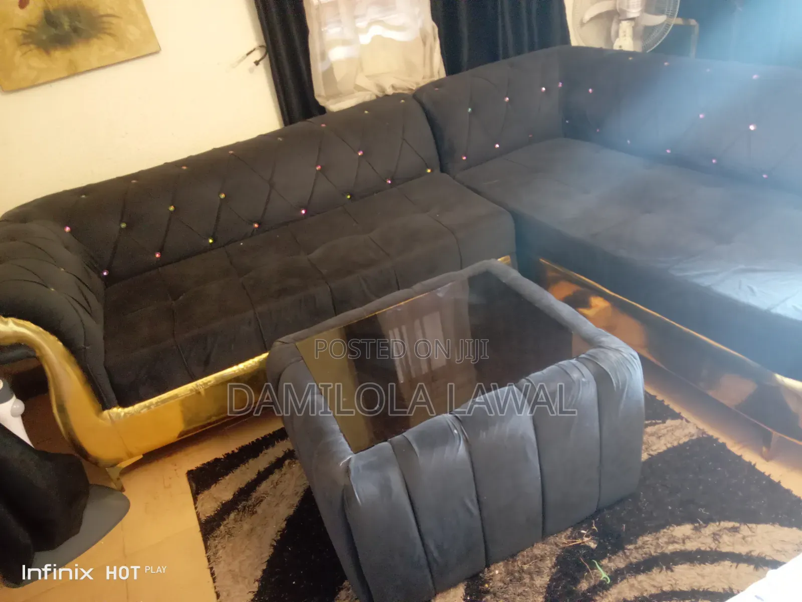 Solid Comfy Channel-Tufted L Shaped Sofa Set + Center Table for Sale