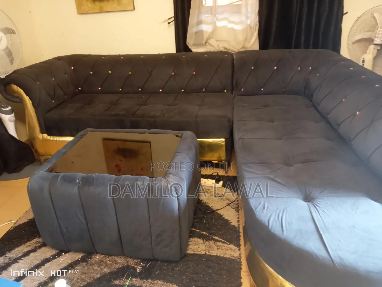 Solid Comfy Channel-Tufted L Shaped Sofa Set + Center Table for Sale