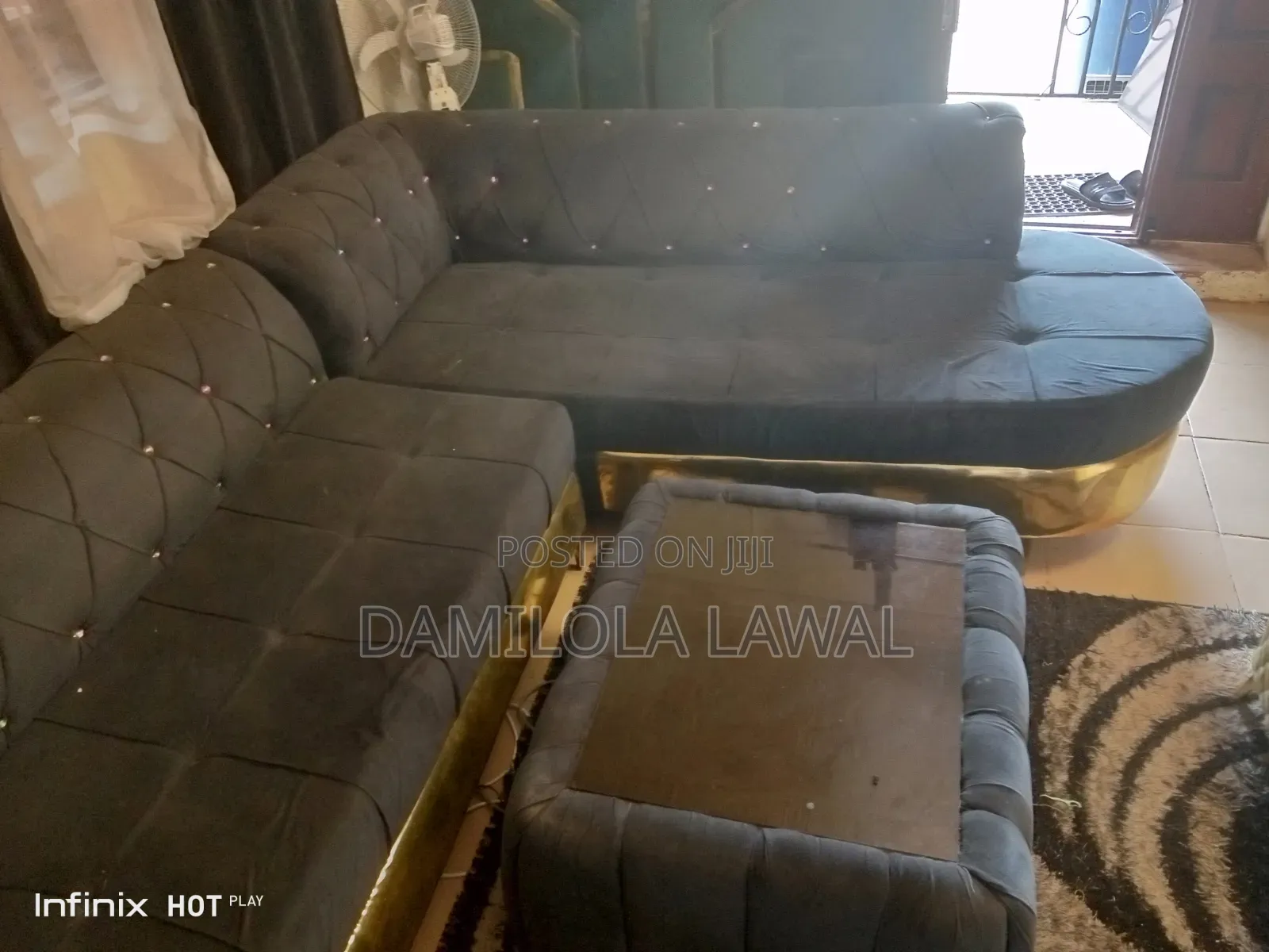 Solid Comfy Channel-Tufted L Shaped Sofa Set + Center Table for Sale
