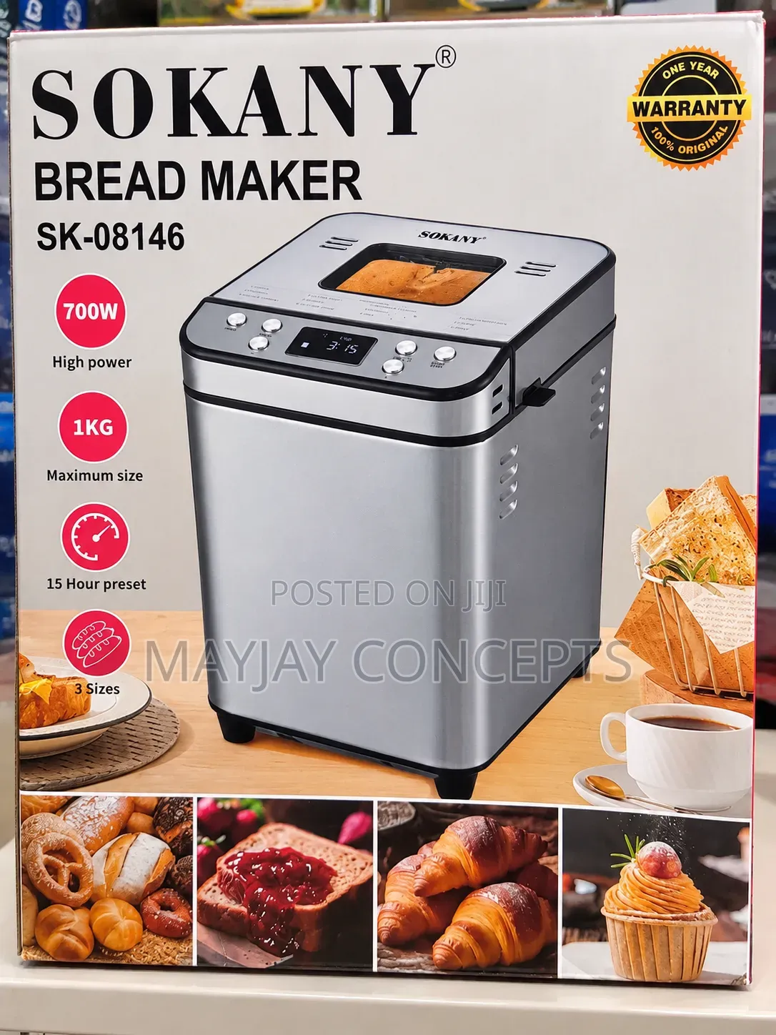 Sokany SK-08146 1kg Automatic Bread Maker 700W With 15-Hour Timer