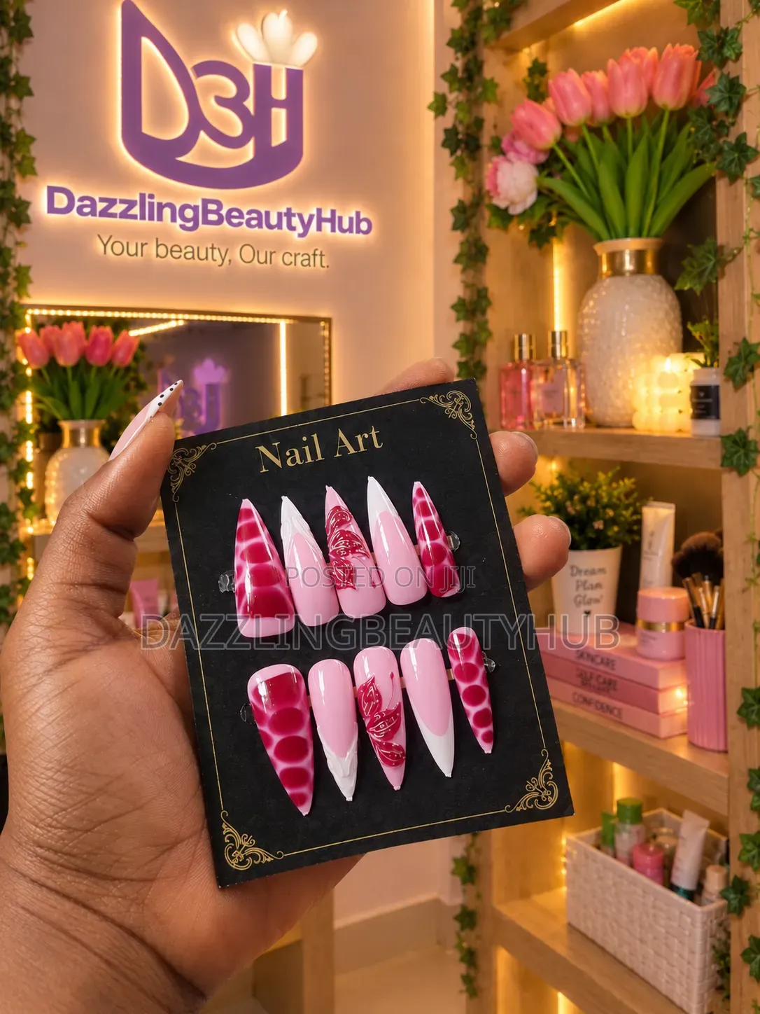 Luxury Press-on Nails 24pcs(Pink Red Butterfly Art) - Long Stiletto
