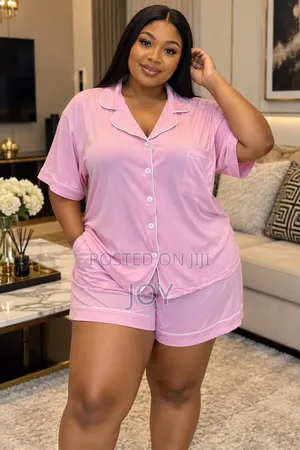Pink Short Sleeve Button-Down Pajama Set for Women