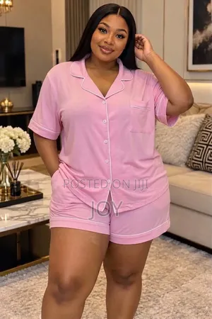 Pink Short Sleeve Button-Down Pajama Set for Women