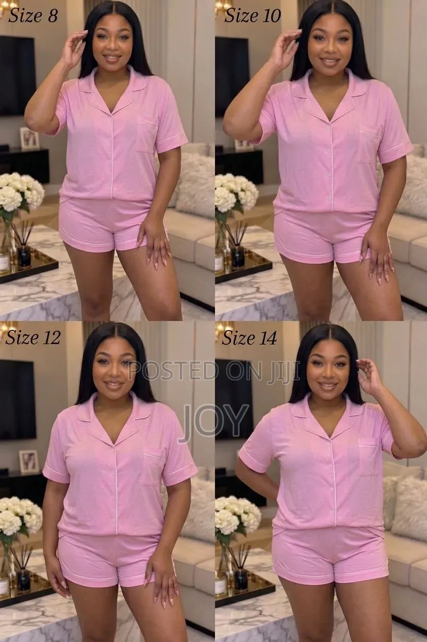 Pink Short Sleeve Button-Down Pajama Set for Women