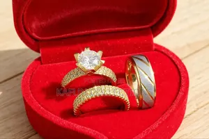 Lemon Gold Zirconia and Two-Tone Stainless Steel Couple's Rings Set