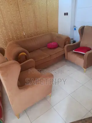 Neatly Used 5-Seater Sofa Set (3+1+1) Brown Velvet With Gold Legs