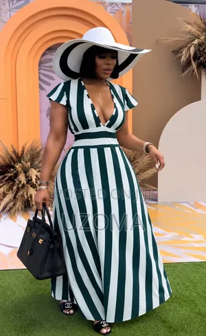 Elegant Green and White Striped Maxi Dress.