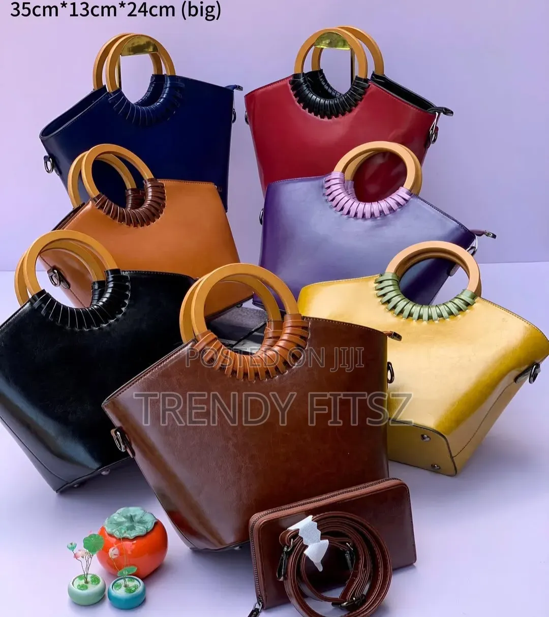 Wooden Ring Handle Leather Handbag With Wallet & Shoulder Strap