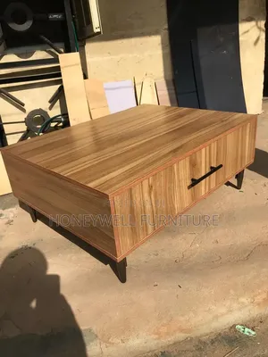 Brown Coffee Table With Metal Stand With Large Storage Deep Drawer