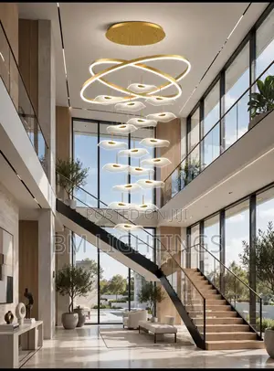 Luxury Double Height Chandelier - Modern Gold Ring With Leaf Design