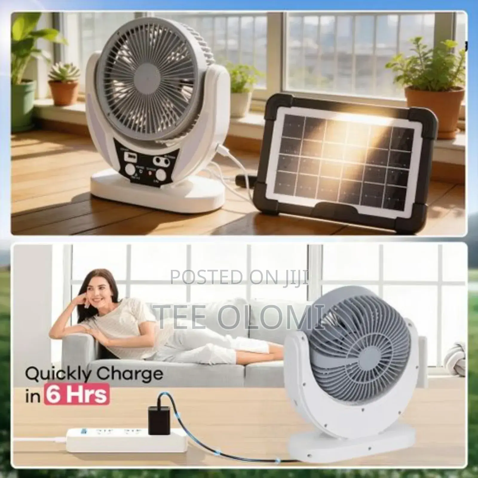 Solar Rechargeable Fan With 10W Solar Panel and 2 LED Bulbs