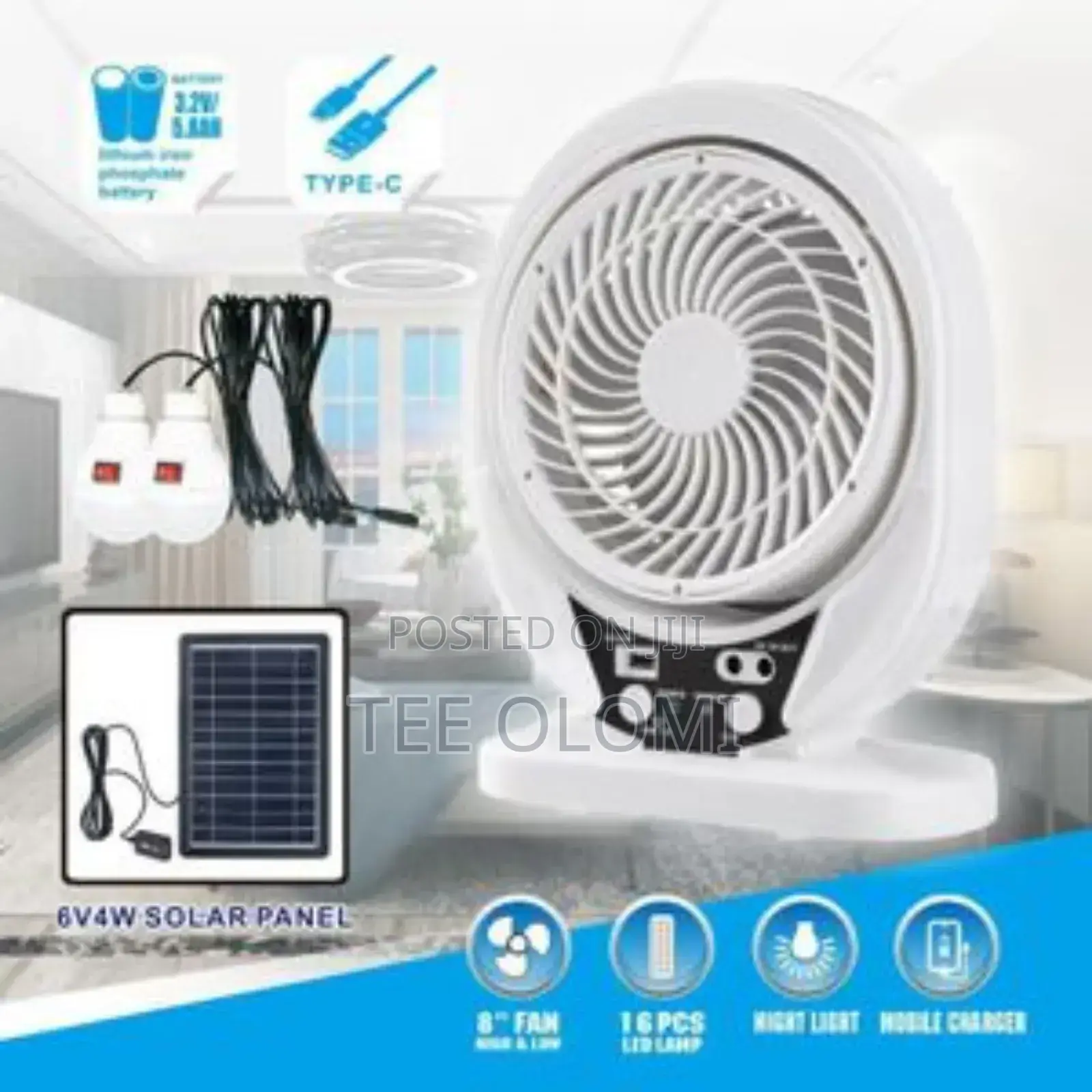 Solar Rechargeable Fan With 10W Solar Panel and 2 LED Bulbs