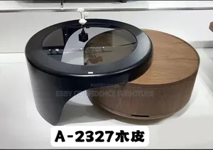 Modern Round Nesting Coffee Table Set Wood & Black Glass Finish.