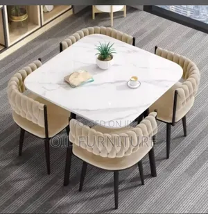 Modern 4-Seater Marble Top Dining Set With Woven Velvet Chairs