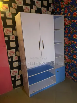 Modern 2-Door Wardrobe With Shoe Rack and Open Shelves -White and Blue