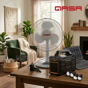 Qasa Dc Table Fan + Solar System With 4 Bulbs Bluetooth Player + Panel