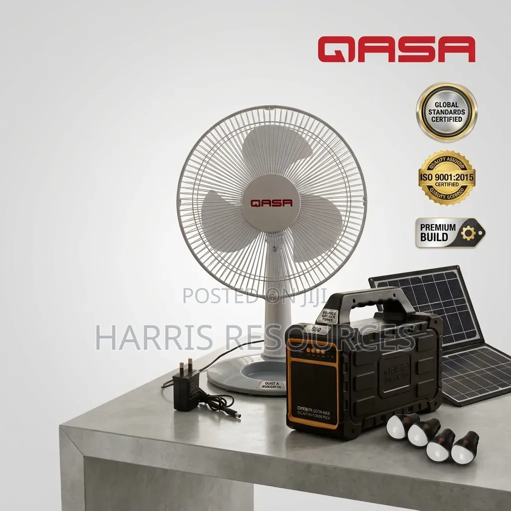 Qasa Dc Table Fan + Solar System With 4 Bulbs Bluetooth Player + Panel