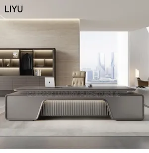 L-Shaped Office Table With LED Accent Light & Side Cabinet