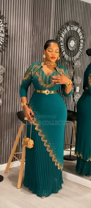 Elegant Emerald Green & Gold Maxi Dress