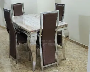 4-Seater Marble Top Dining Table Set With Chrome Steel Legs