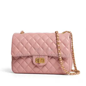 Classy Female Quilted Handbag With Chain - Pink/Cream