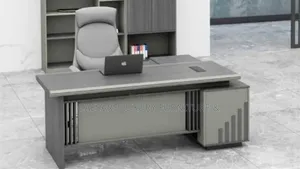 Grey Executive L-Shape Office Desk With Side Cabinet