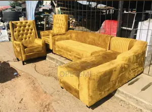 Gold Velvet L-Shape Sofa With 2 Wing Chairs - Made to Order