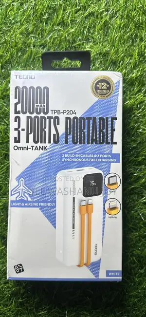 Tecno 20000mah Powerbank With Built in Charging Cable