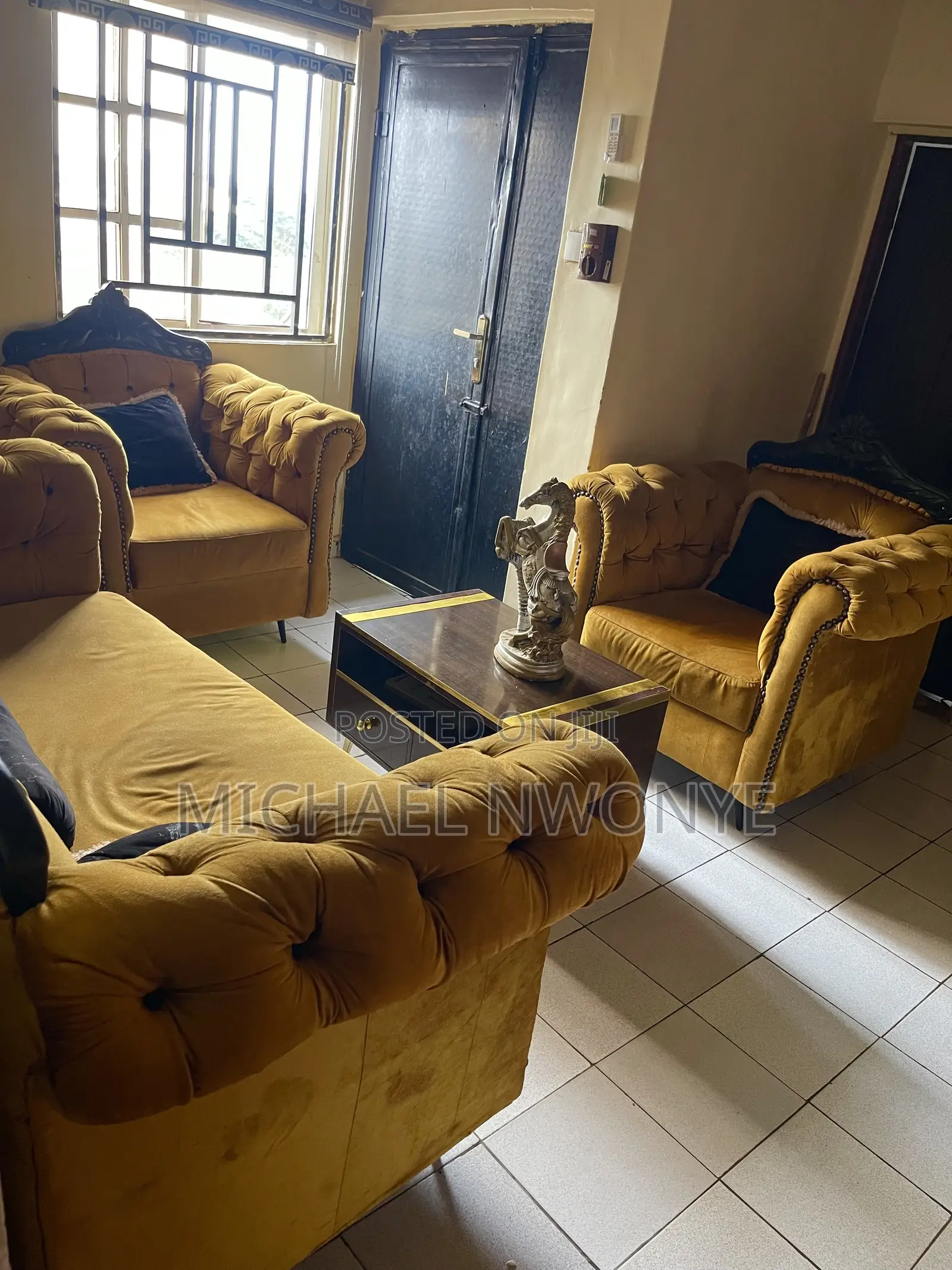 Three Sitter and Two Single Sitters Gold Crown Royal Chairs