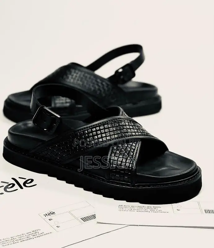Mens Black Mat Leather Sandals
