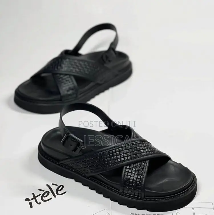 Mens Black Mat Leather Sandals