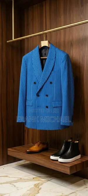 Men’s Royal Blue Pinstripe Double-Breasted Blazer Jacket