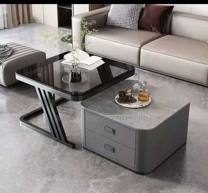 Real Marble Centre Table With Double Drawer Black
