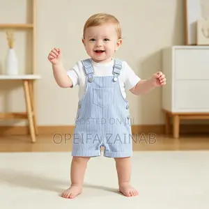 Baby Boy Striped Dungaree Shorts ,Light Blue