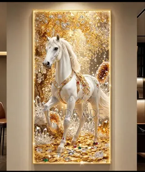 White Horse Golden Wealth Frame With Classic Diamond Stones (40×80)
