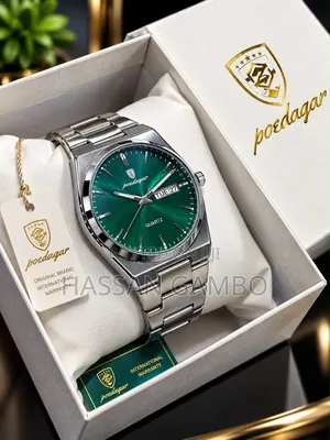 POEDAGAR 821 Men’s Wristwatch – Silver & Green | Day-Date | Quartz