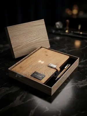 Wooden Color Leather Notebook With Power Bank, Flash Drive Gift