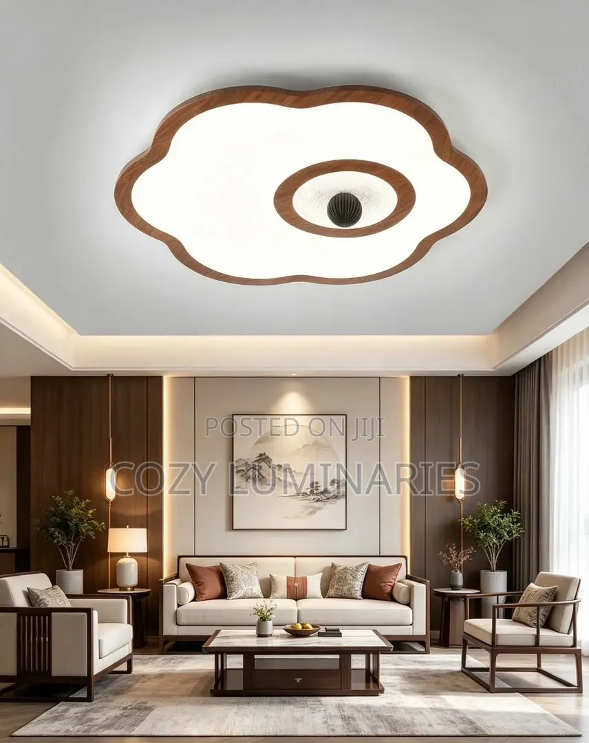 Modern Flower LED Ceiling Light 50cm | Slim Panel, Wood & Black