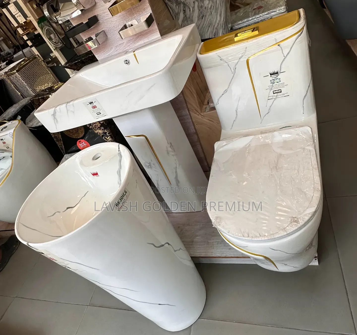 One-Piece Water Closet With Gold Design