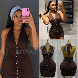 Chocolate Ruched Halter Mini Dress
