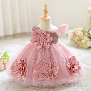 Baby Girls Pink Flower Princess Dress With Sequin and Floral (3-12m)