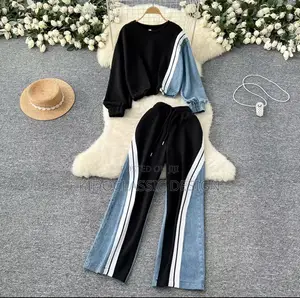 Women Black Blue Jeans Mix Joggers Set