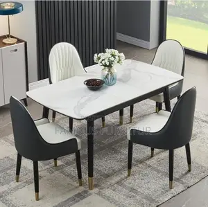 Rectangular Dining Table Set With a White Marble-Pattern