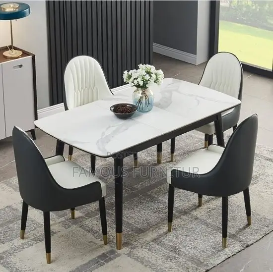 Rectangular Dining Table Set With a White Marble-Pattern